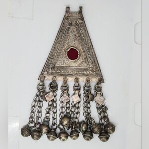 Silver Yemeni Bedouin Large Pendant Tribal Ethnic Jewelry Statement Red Center